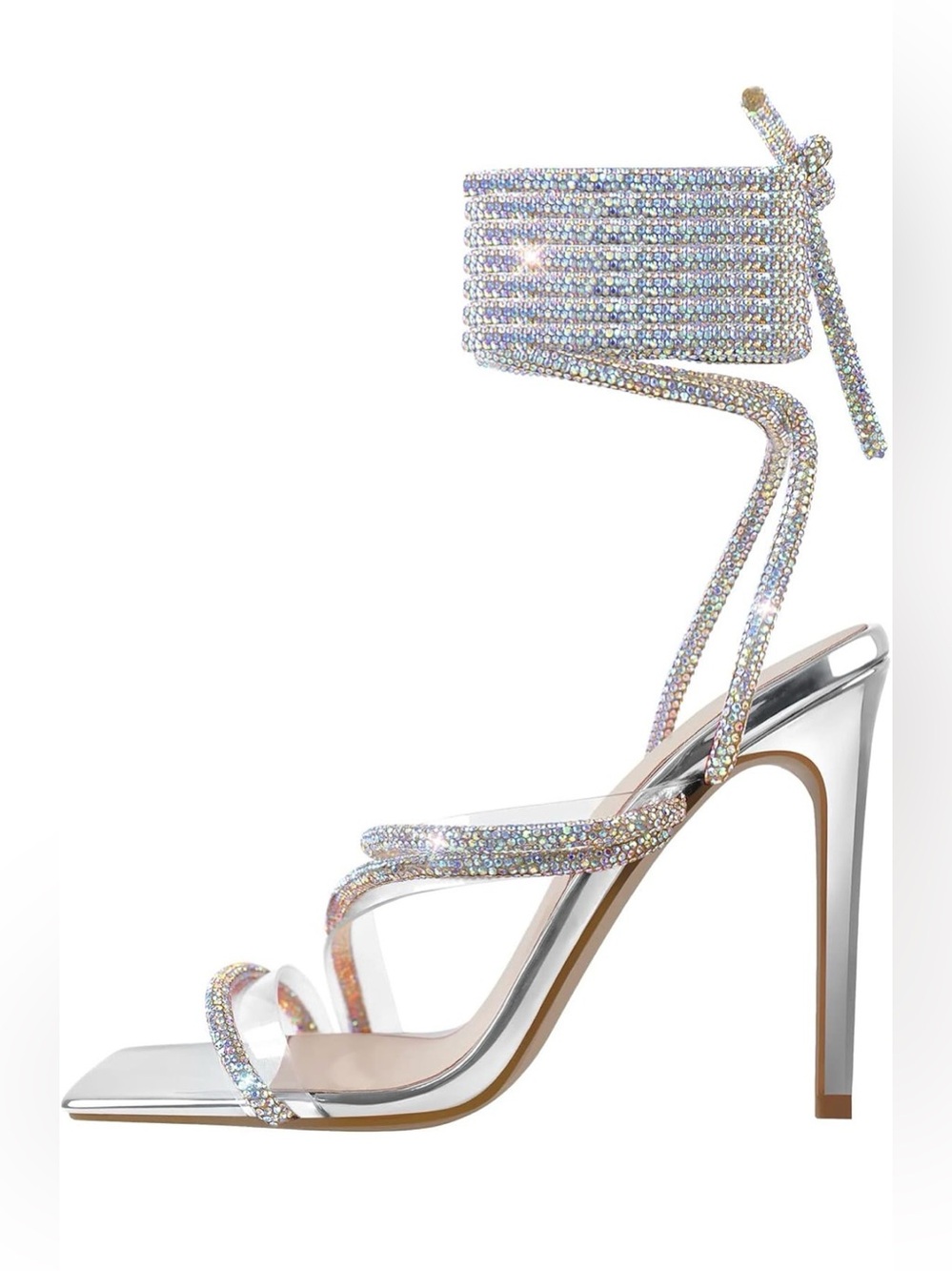 richealnini Women's Sparkly Clear Lace Up Ankle Strap High Heel Sandals